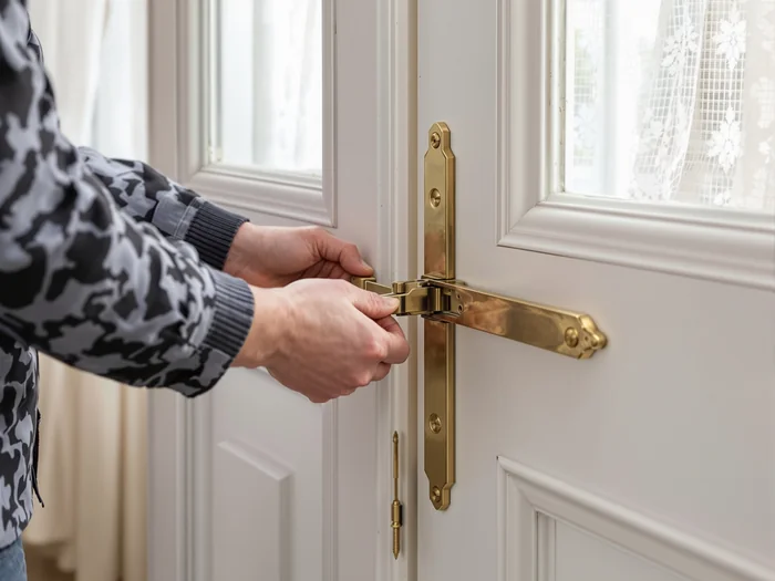 Specialist adjusting hinges on a timber French door in a Brighton Regency townhouse