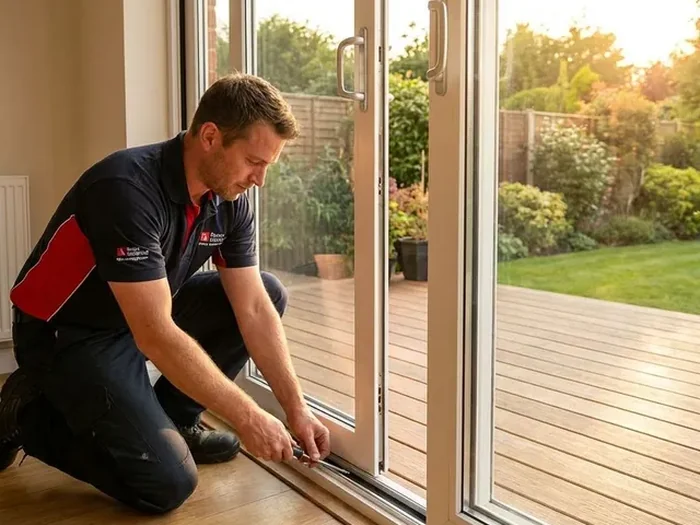 Specialist adjusting a bifold door in a Bristol kitchen extension