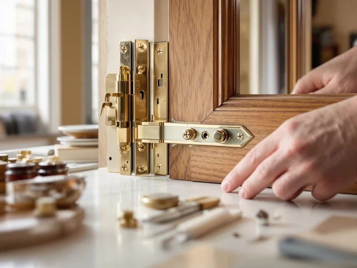 Specialist restoring hinges on a timber French door in an Edinburgh Georgian flat