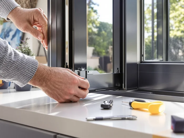 Specialist adjusting a bifold door in a Leeds kitchen extension