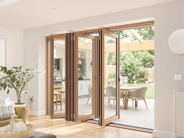 Aluminium bifold doors open in a Leeds kitchen extension
