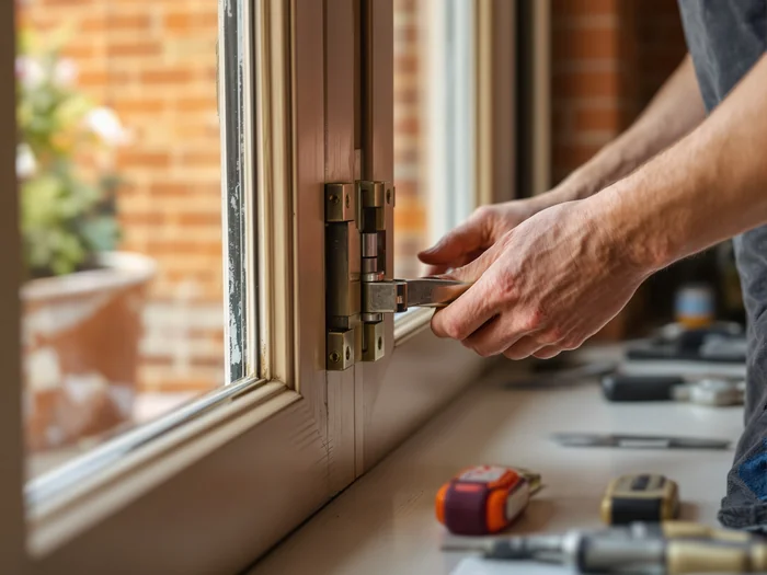 Specialist adjusting hinges on a timber French door in a Leicester Victorian terrace