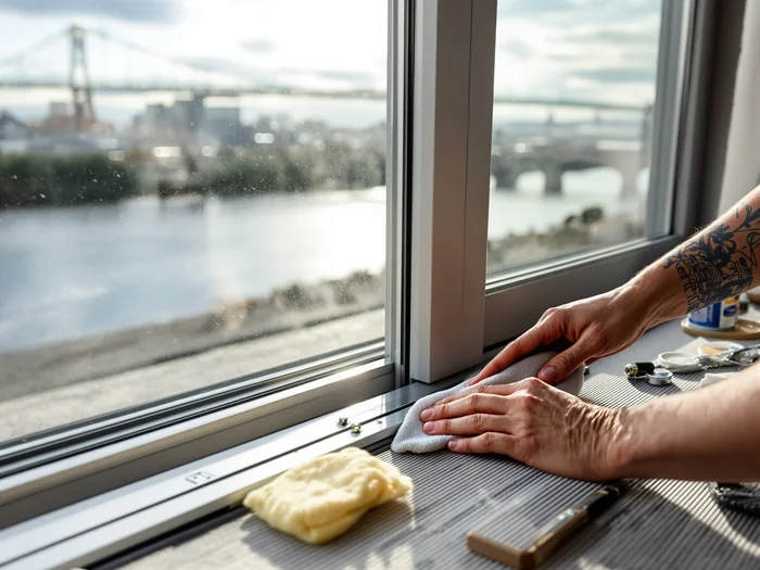 Specialist servicing a sliding door track in a Southampton waterfront apartment