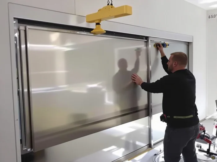 Handling a large sliding door panel with lifting suckers