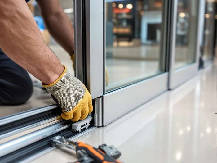 Specialist repairing a commercial shop front aluminium sliding door mechanism in a retail store entrance
