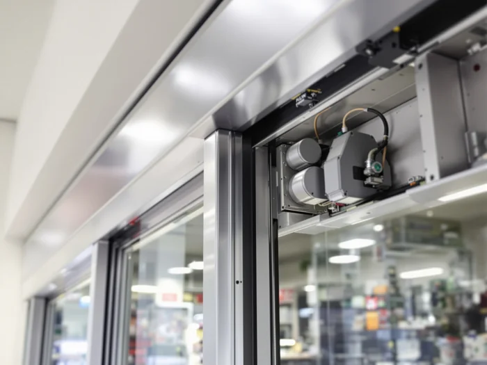 Automatic sliding shop door with the motor housing open