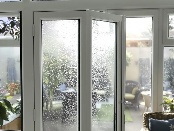 Condensation on the glass edge of a conservatory door