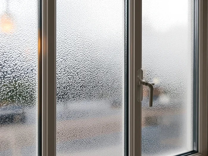 Misted double glazed unit with condensation between the panes