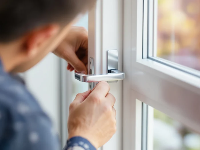 Specialist fitting a new chrome patio door handle onto a white uPVC sliding door