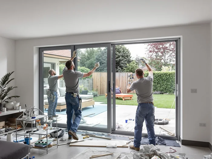 Professional installer fitting a new modern sliding patio door into a UK home extension opening