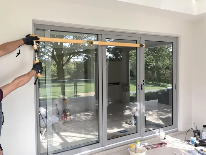 Positioning a new sliding patio door into a prepared opening